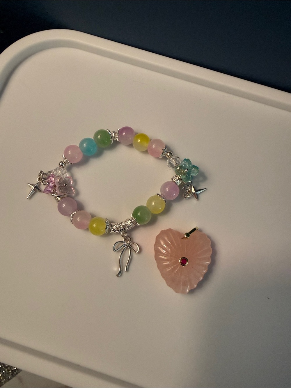 Rose Quartz Heart Pendant with Pink Stone Accent With Beaded Stretch Bracelet